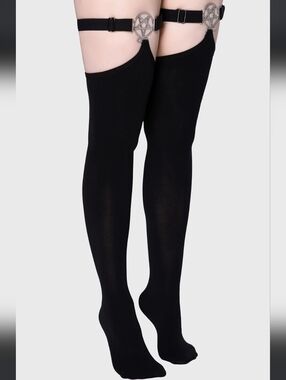 Killstar Black Over-The-Knee Garter Socks with Pentagram Hardware